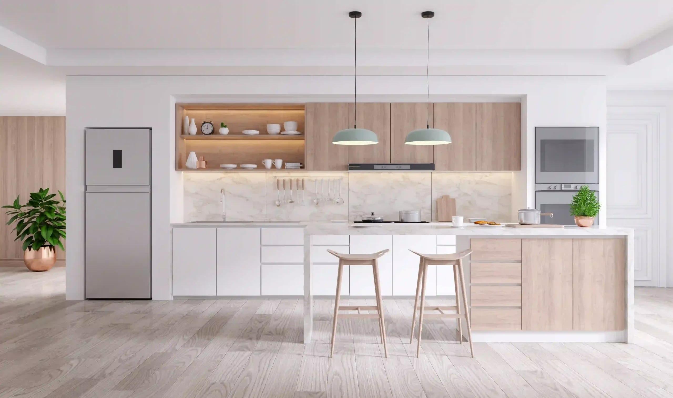 bespoke kitchens white and wood kitchen with twin pendant lights