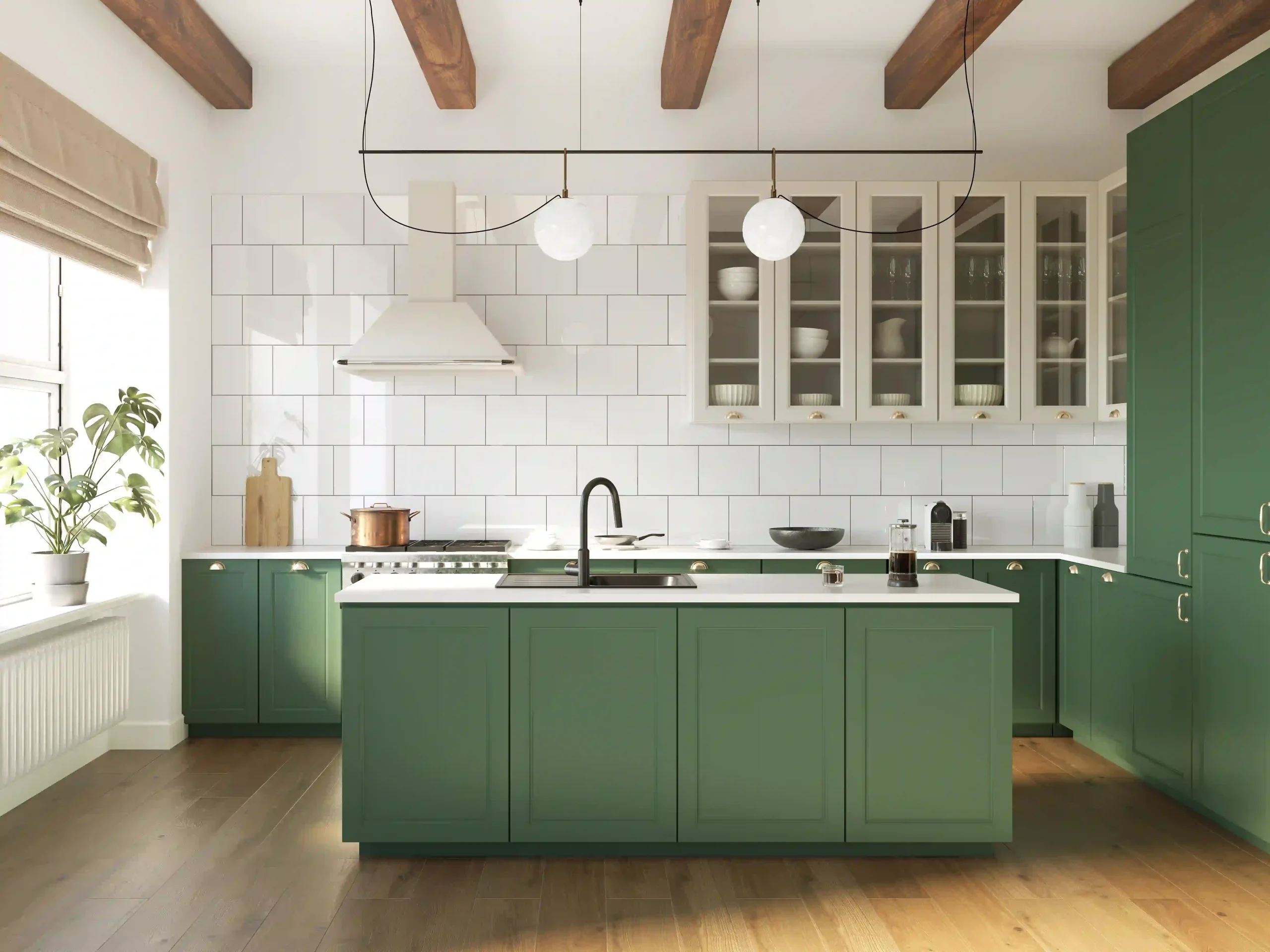 fitted kitchens sage green island kitchen with classic white tiles