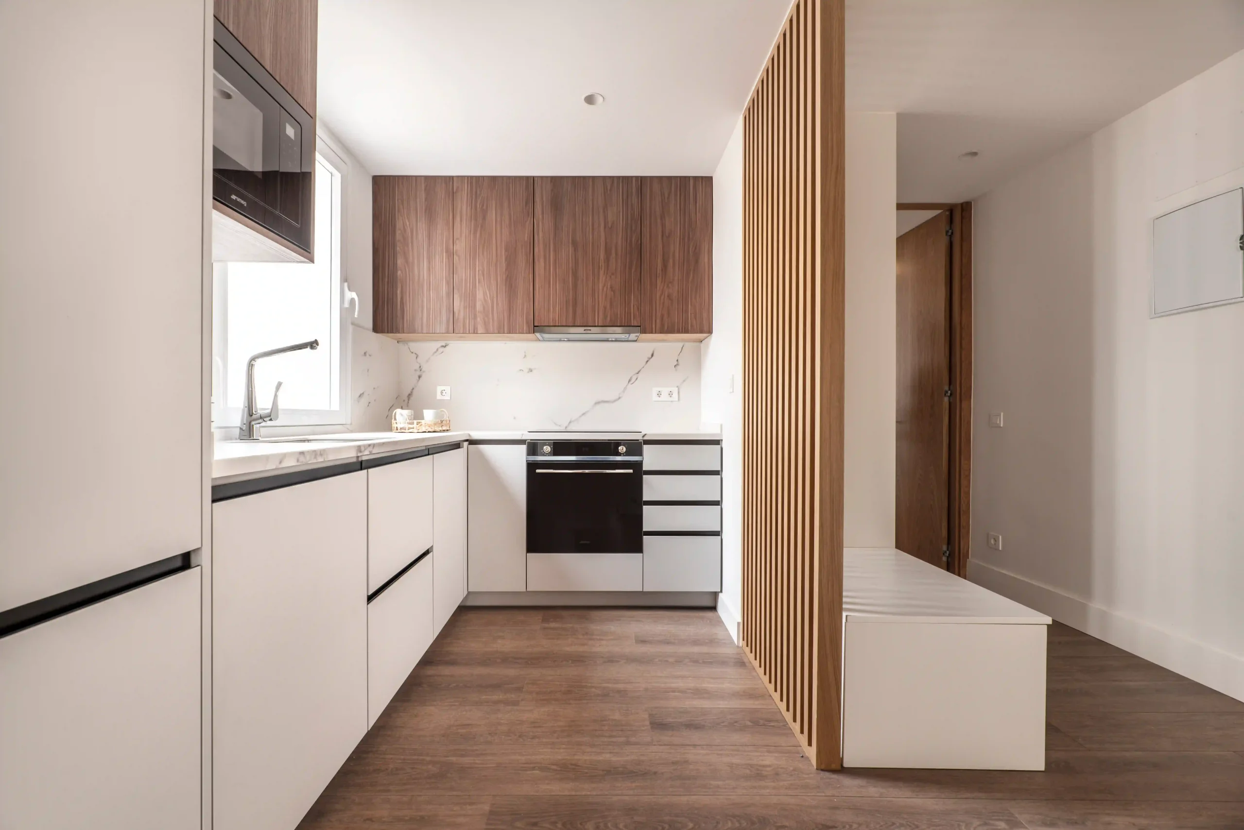 fitted kitchens modern white cabinets with wood accents and L-shaped layout