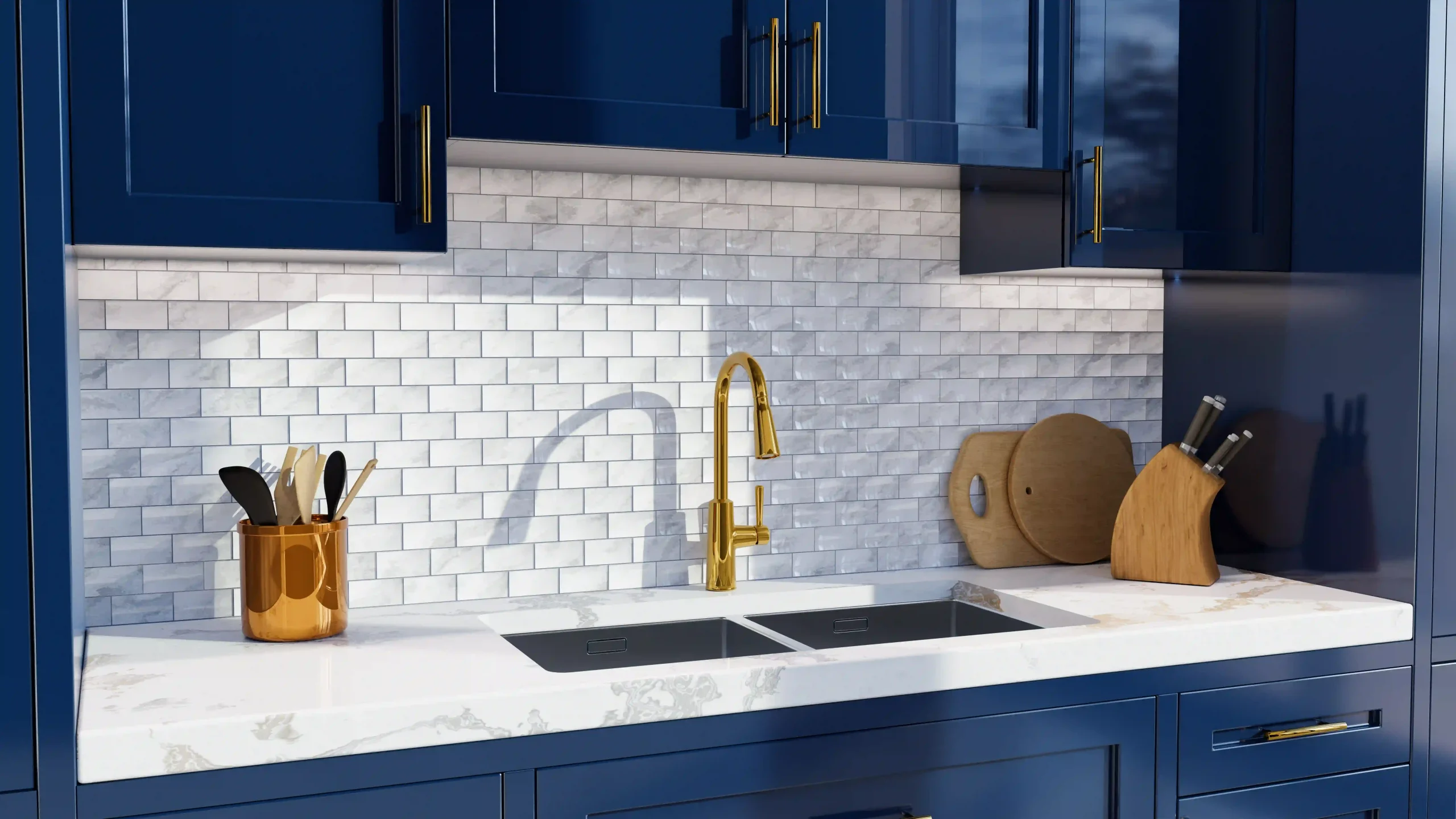 bespoke kitchens navy cabinets with gold faucet and white countertop