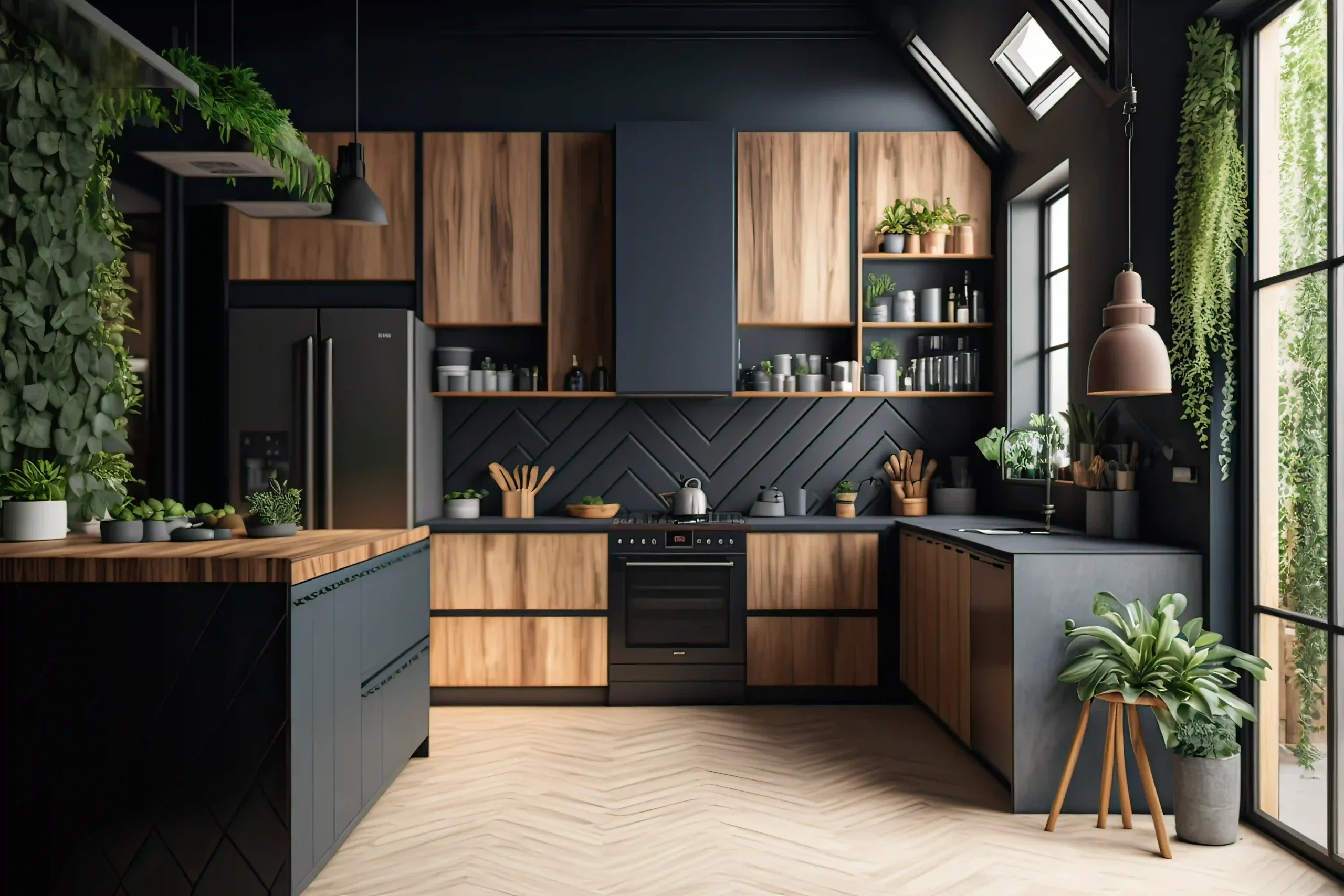 bespoke kitchens dark and wood cabinetry with herringbone backsplash