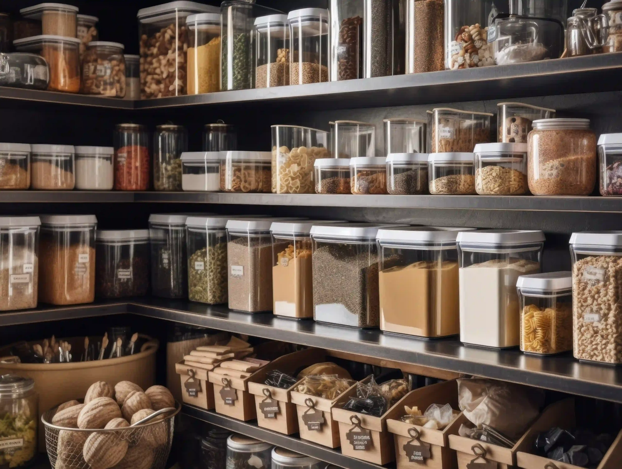 fitted kitchens near me dark shelving unit with labelled jars and dry goods