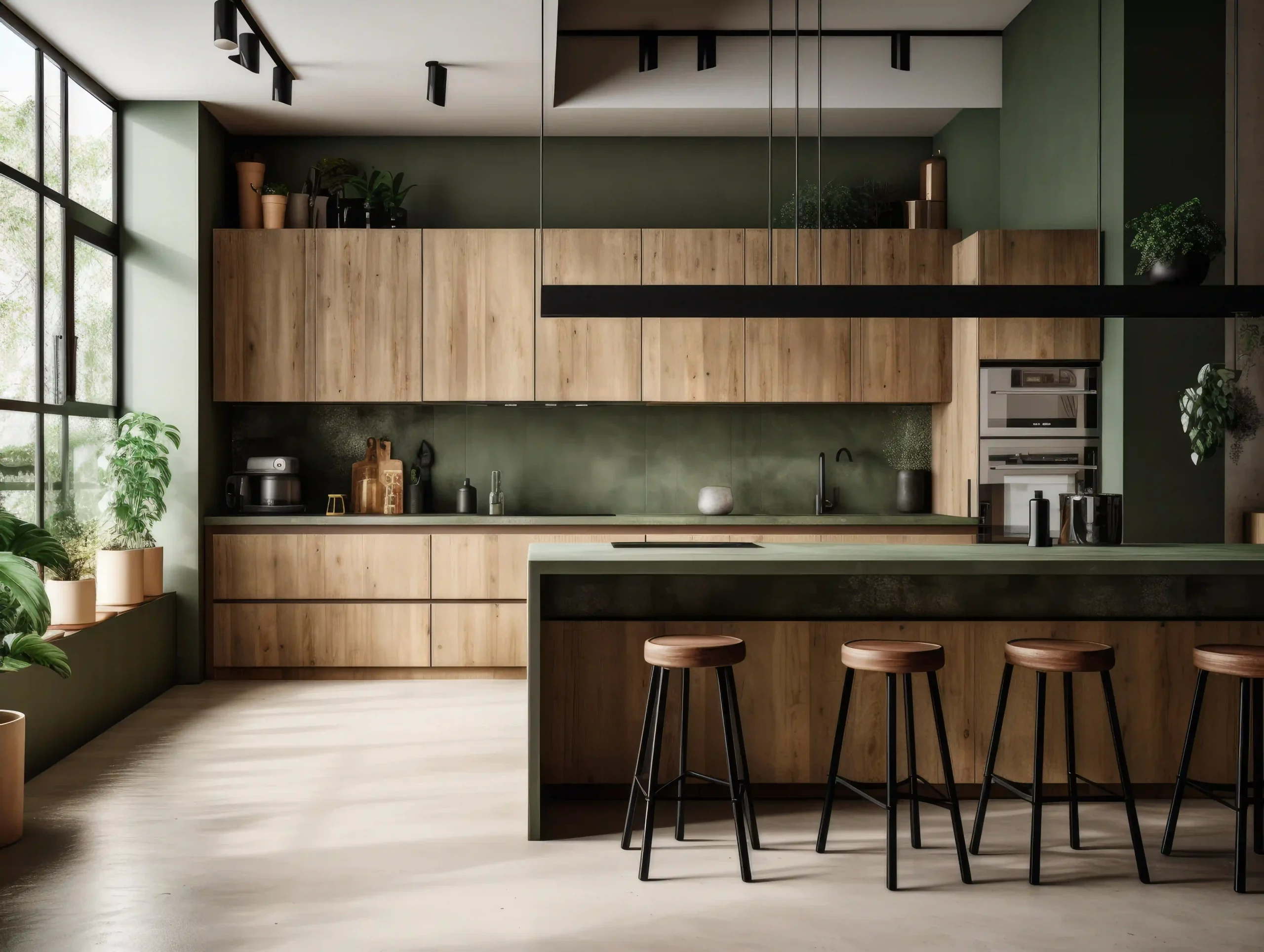 bespoke kitchens wood and green cabinetry with breakfast bar