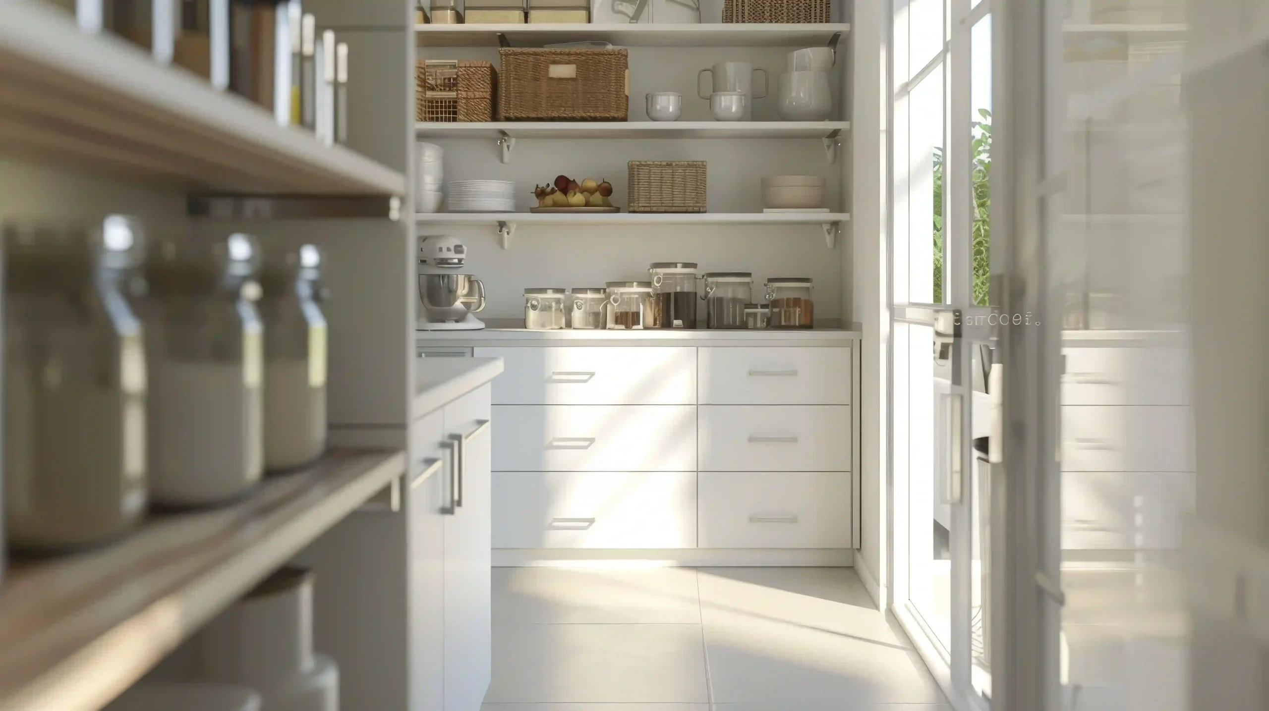 kitchen design white walk-in pantry with custom shelving