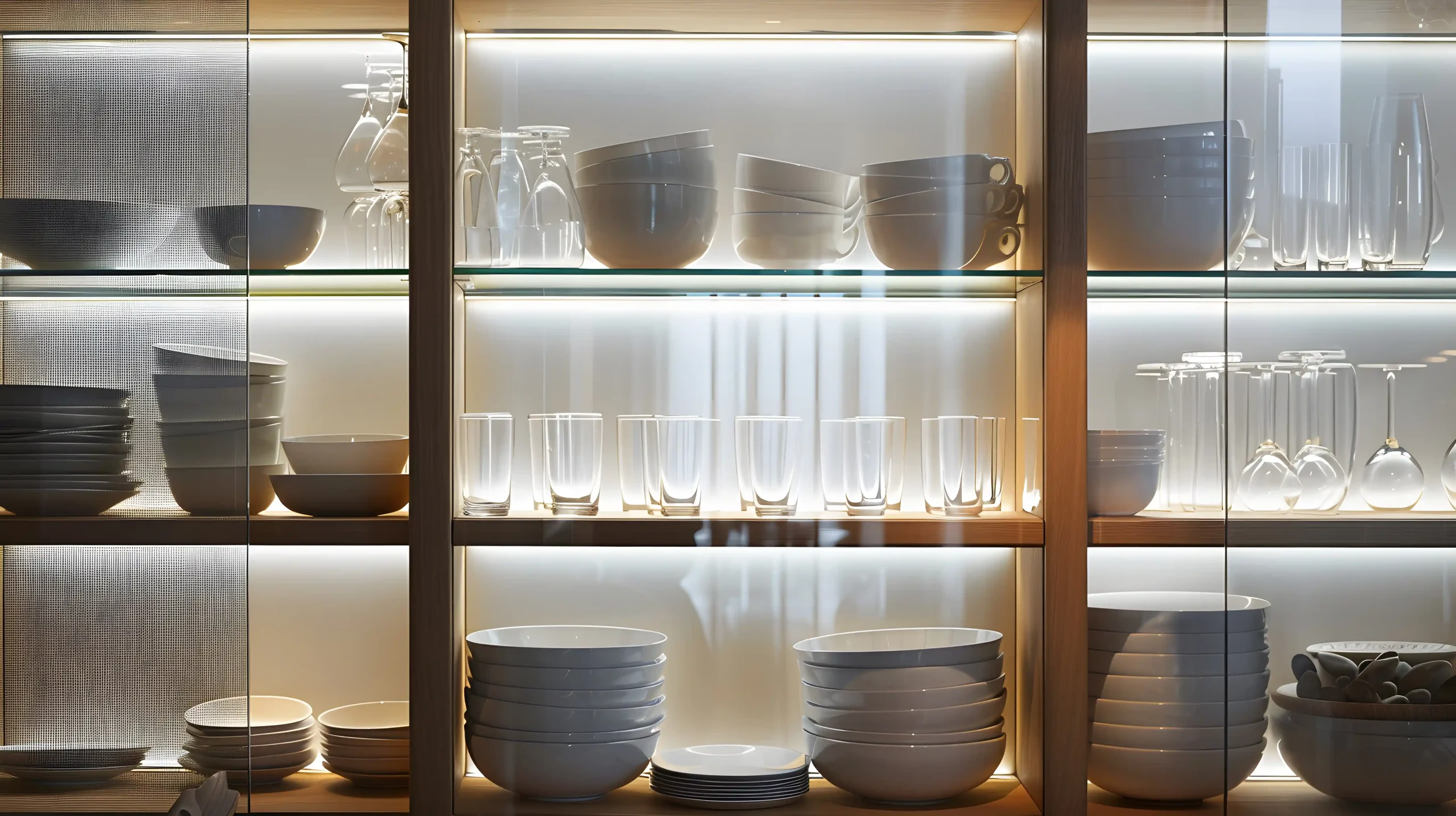 bespoke fitted wardrobes illuminated shelving with ceramic display