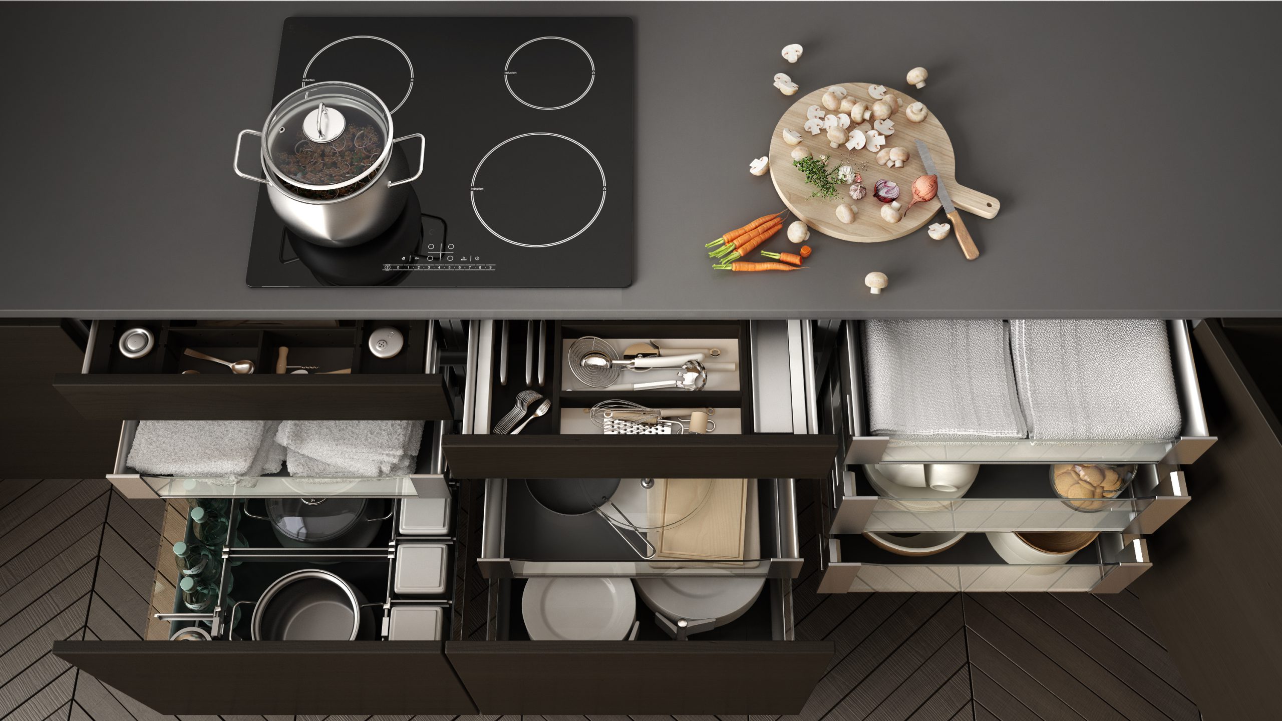 kitchen design near me overhead view of organised pan drawers