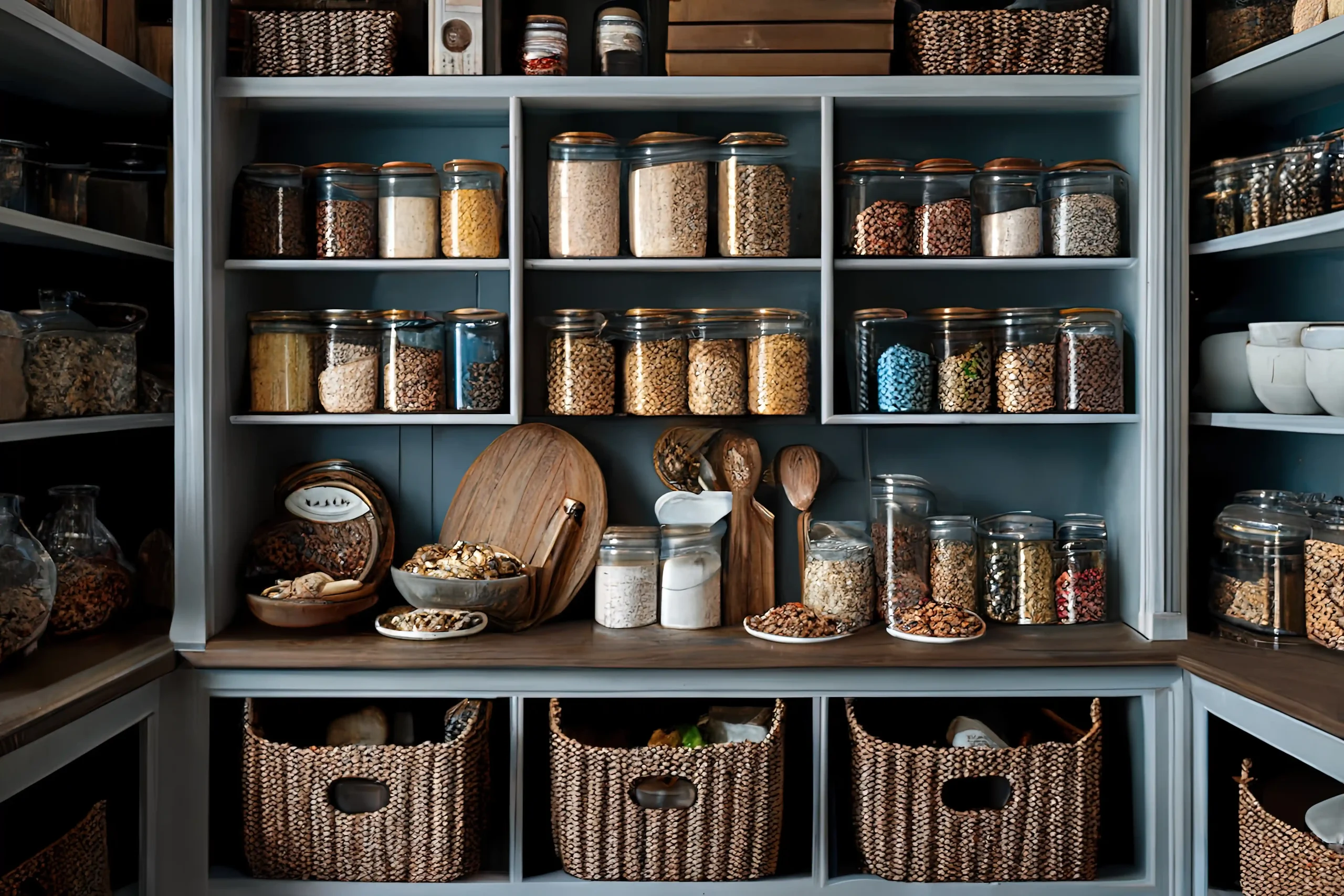 fitted kitchens near me dark pantry shelves neatly organised