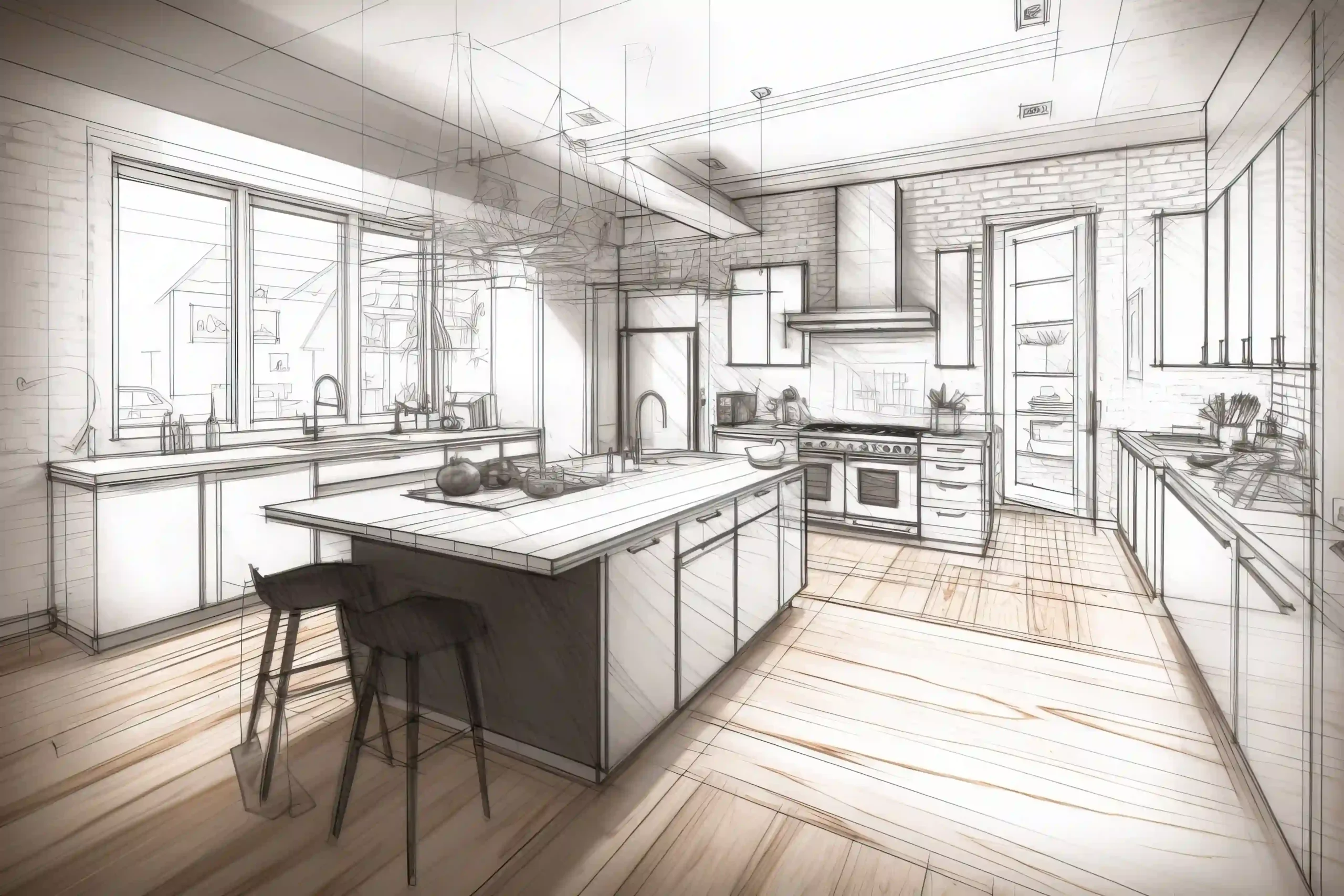 kitchen design near me 3D rendering of contemporary kitchen layout