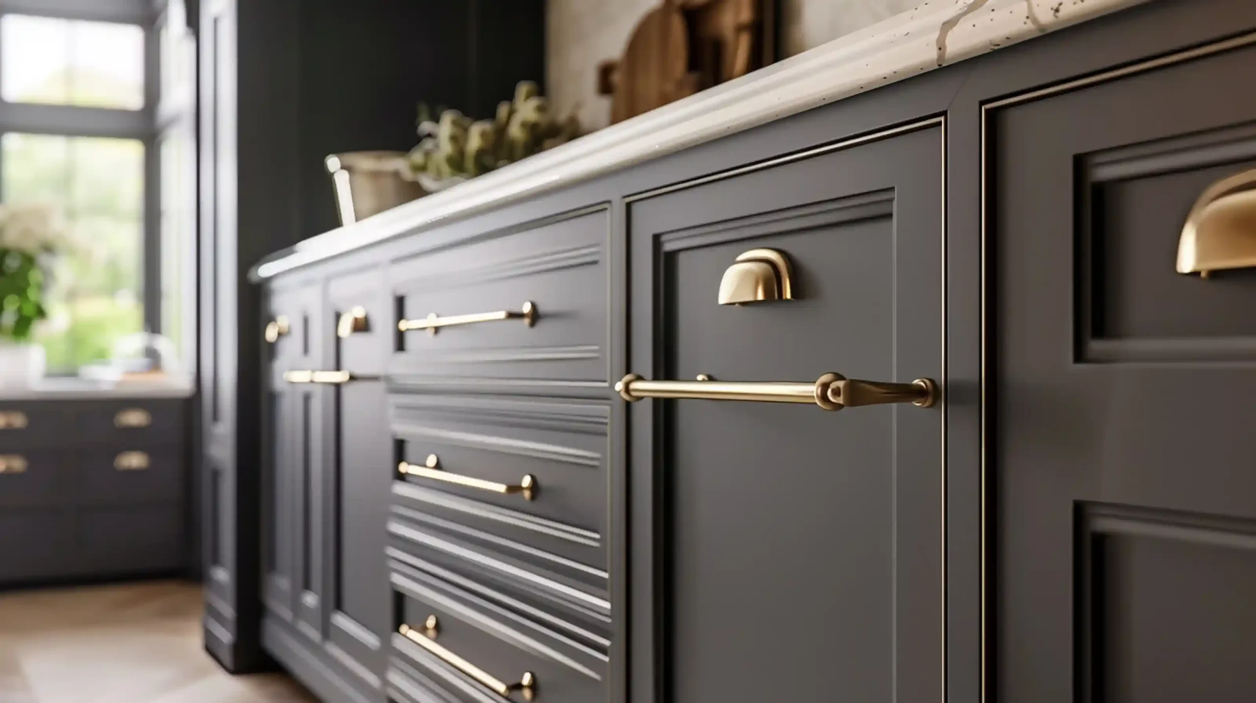 bespoke kitchens grey drawers with gold handles and marble countertop