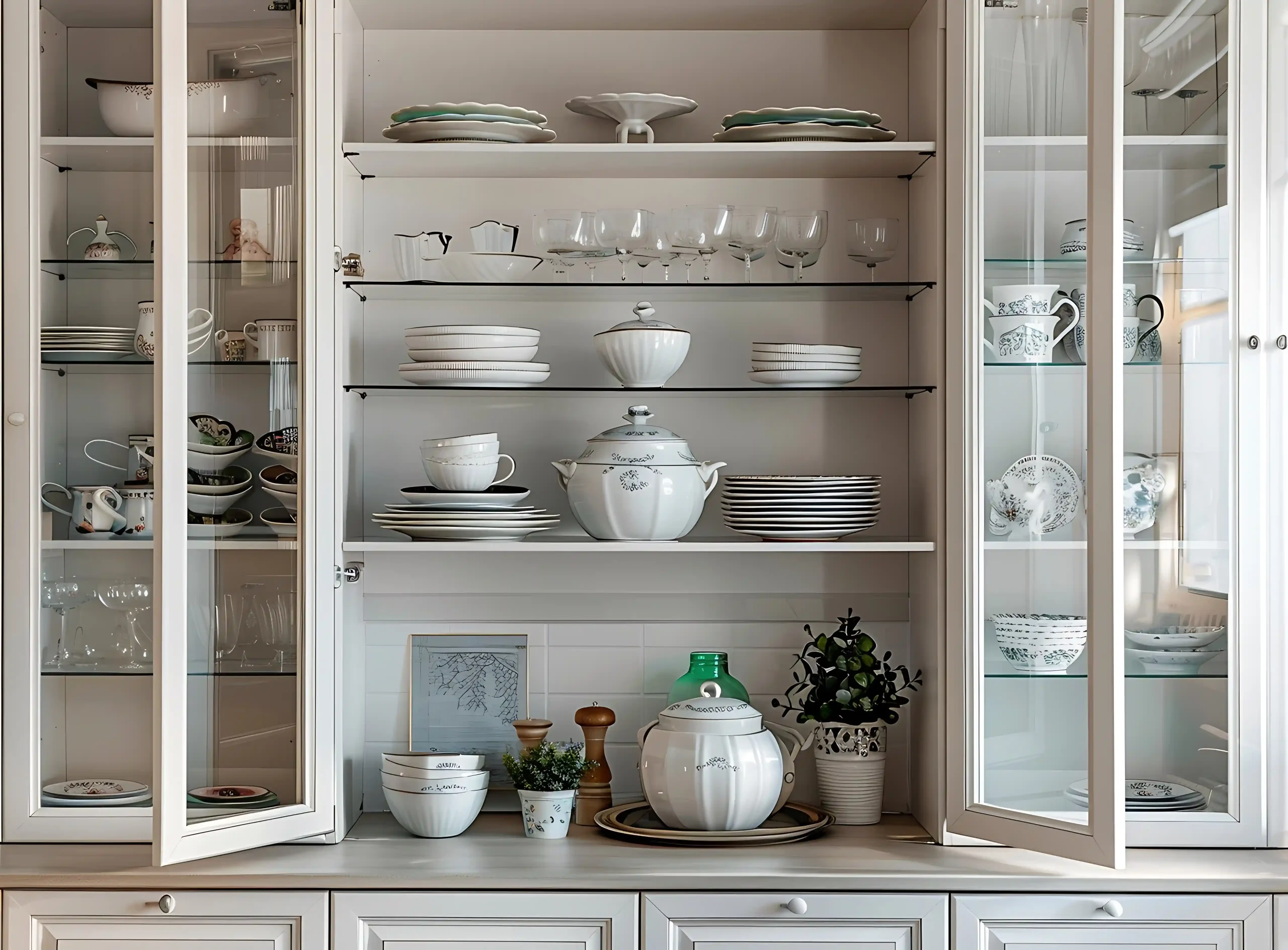 built in wardrobes open shelving with neatly arranged dinnerware